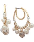 Anne Klein Gold-tone Pave Bead & Imitation Pearl Shaky Hoop Earrings