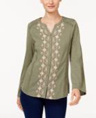 Style & Co Embroidered Split-neck Shirt, Created For Macy's