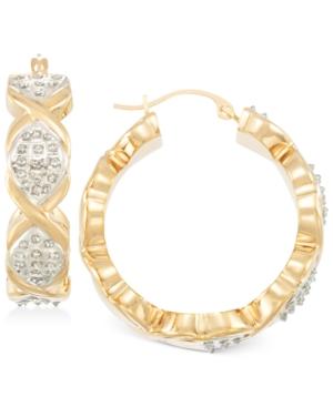 Signature Diamonds Crisscross Patterned Hoop Earrings In 14k Gold Over Resin Core Diamond And Crystallized Diamond Dust