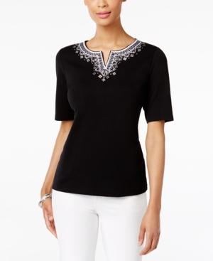 Karen Scott Cotton Embroidered Studded Top, Created For Macy's