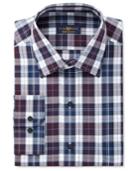 Club Room Estate Men's Classic-fit Wrinkle-resistant Burgandy Navy Plaid Dress Shirt, Created For Macy's