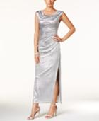 Connected Metallic Draped Slit Gown