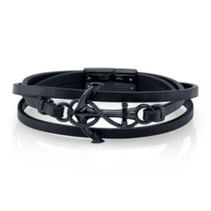 He Rocks Black Leather And Anchor Triple Wrap Bracelet In Stainless Steel, 26