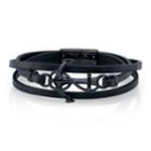 He Rocks Black Leather And Anchor Triple Wrap Bracelet In Stainless Steel, 26