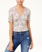 American Rag Juniors' Printed Button-front Ruched-sleeve Crop Top, Created For Macy's