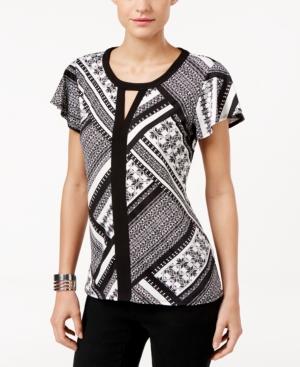 Ny Collection Petite Printed Colorblocked Keyhole Top