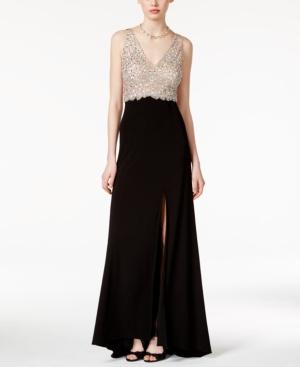 Blondie Nites Juniors' V-back Jeweled Side-slit Gown