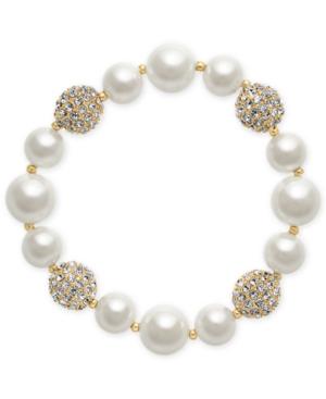 Charter Club Gold-tone Imitation Pearl And Crystal Pave Stretch Bracelet, Created For Macy's