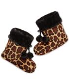 Pj Couture Plush Brown Cheetah Slipper Boots With Pom Pom