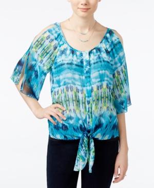 Bcx Juniors' Cold-shoulder Printed Tie-hem Top