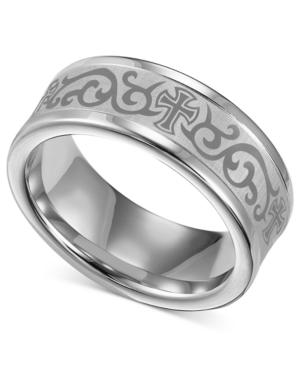 Triton Men's White Tungsten Ring, Laser-detailed Scroll And Cross Wedding Band