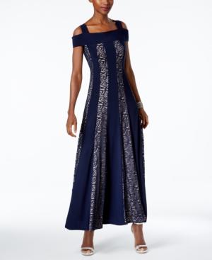 R & M Richards Glitter Lace Cold-shoulder Gown
