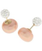 Dyed Pink Cultured Freshwater Pearl (11mm) And Pave Crystal Ball Front And Back Earrings In 14k Gold