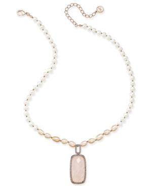 Paul & Pitu Naturally Rose Gold-tone Freshwater Pearl (7 X 11mm) And Rose Quartz Pendant Necklace