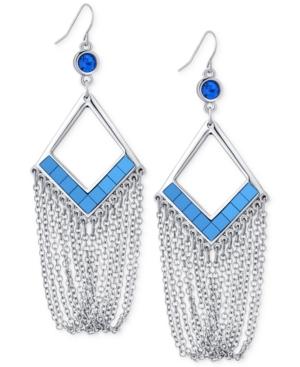 Guess Silver-tone Blue Mirrored Stone And Chain Fringe Drop Earrings