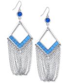 Guess Silver-tone Blue Mirrored Stone And Chain Fringe Drop Earrings