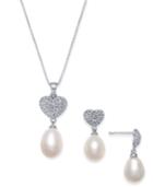 Cultured Freshwater Pearl (7 X 9mm) & Cubic Zirconia Heart Jewelry Set In Sterling Silver