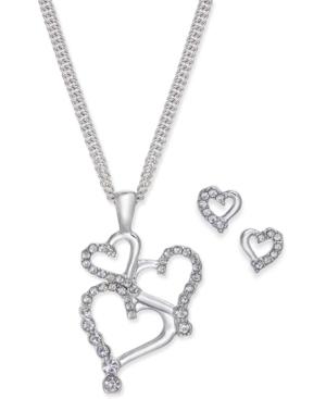 Charter Club Silver-tone Pave Heart Pendant Necklace And Stud Earrings