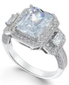Cubic Zirconia Large Stone Halo Ring In Sterling Silver