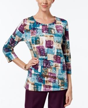 Alfred Dunner Block-print Beaded-neck Top