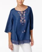 Style & Co Petite Embroidered Chambray Peasant Top, Only At Macy's