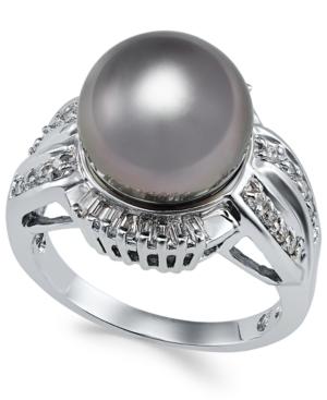 Cultured Tahitian Black Pearl (11mm) And Diamond (3/8 Ct. T.w.) Statement Ring In 14k White Gold