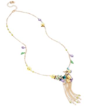 Betsey Johnson Gold-tone Multi-stone Flower And Hummingbird Long Fringe Necklace