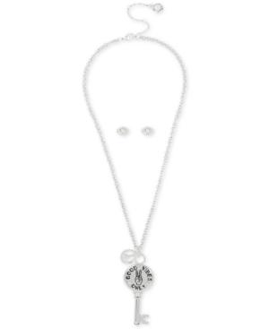 Bcbg Crystal Key Pendant Necklace & Stud Earrings