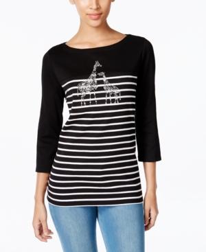 Karen Scott Petite Embellished Striped Top, Only At Macy's