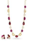Catherine Malandrino Women's Red, Magenta And Metallic Rhinestone Yellow Gold-tone Cluster Earring And Necklace