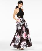 Blondie Nites Juniors' Printed-skirt Illusion Halter Gown