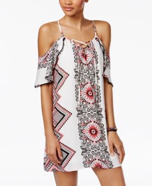 Trixxi Juniors' Printed Lace-up Cold-shoulder Dress