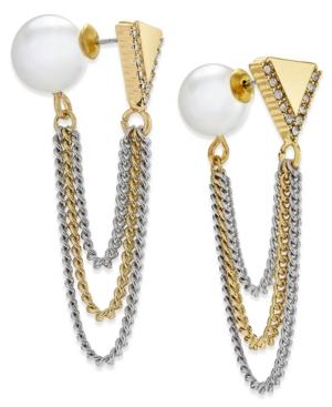 Abs By Allen Schwartz Two-tone Imitation Pearl And Chain Front And Back Earrings