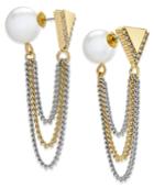 Abs By Allen Schwartz Two-tone Imitation Pearl And Chain Front And Back Earrings