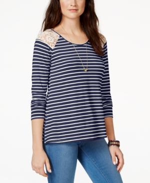 Hippie Rose Juniors' Striped Crochet-trim High-low Top