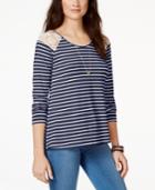 Hippie Rose Juniors' Striped Crochet-trim High-low Top