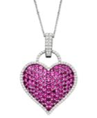 14k White Gold Necklace, Ruby (6-1/2 Ct. T.w.) And Diamond (1/2 Ct. T.w.) Pave Heart Pendant
