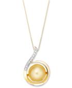 14k Gold Necklace, Golden South Sea Pearl (11mm) And Diamond (1/10 Ct. T.w.) Swirl Pendant