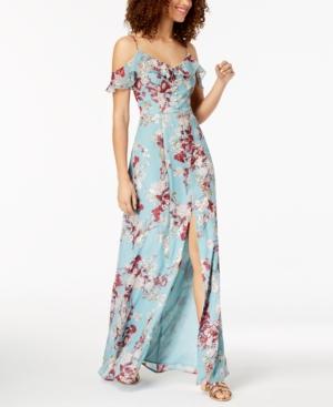 Emerald Sundae Juniors' Floral Cold-shoulder Maxi Dress