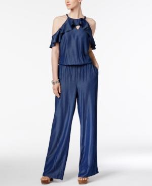 Inc International Concepts Petite Denim Ruffled Cold-shoulder Jumpsuit, Only At Macy's