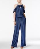 Inc International Concepts Petite Denim Ruffled Cold-shoulder Jumpsuit, Only At Macy's