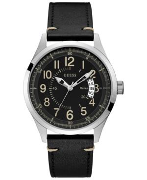 Guess Men's Black Leather Strap Watch 44mm