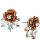 Betsey Johnson Gold-tone Glitter Rose Stud And Crystal Earring Jacket Earrings