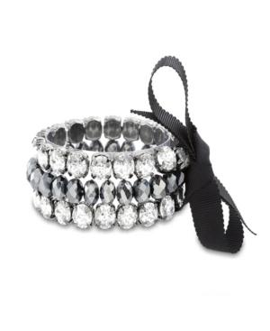 Catherine Malandrino Women's White Rhinestone Black Ribbon Trio Silver-tone Trio Stretch Bracelet