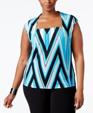 Kasper Plus Size Printed Square-neck Top