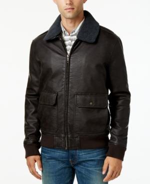 Tommy Hilfiger Men's Removable Faux Sherpa-collar Faux-leather Bomber Jacket