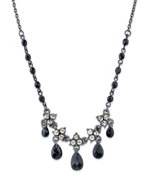 2028 Black-tone Black Diamond Color Flower Teardrop Necklace 15 Adjustable