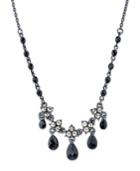 2028 Black-tone Black Diamond Color Flower Teardrop Necklace 15 Adjustable