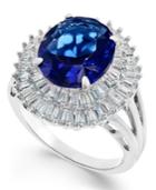 Blue Glass Stone & Cubic Zirconia Double Halo Ring In Sterling Silver