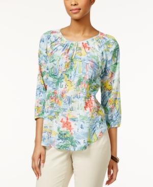 American Living Floral Printed Split Neck Top